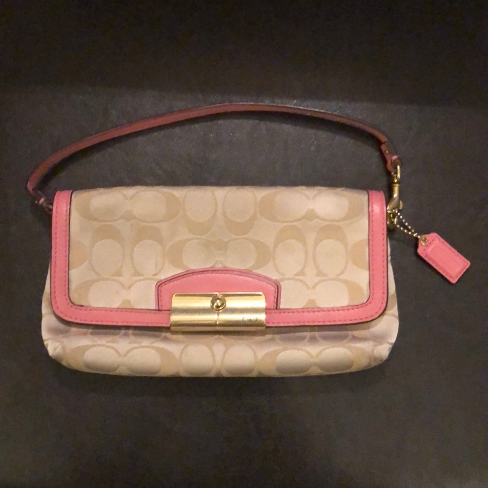 Coach wristlet beige fabric with pink leather trim
